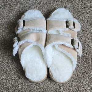 Cozy Tan and White Fuzzy Slippers